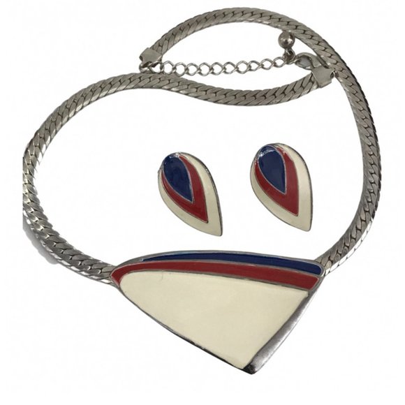 VINTAGE MCM MODERNIST ENAMEL JEWELRY SET SERPENTINE NECKLACE EARRINGS - Picture 1 of 10